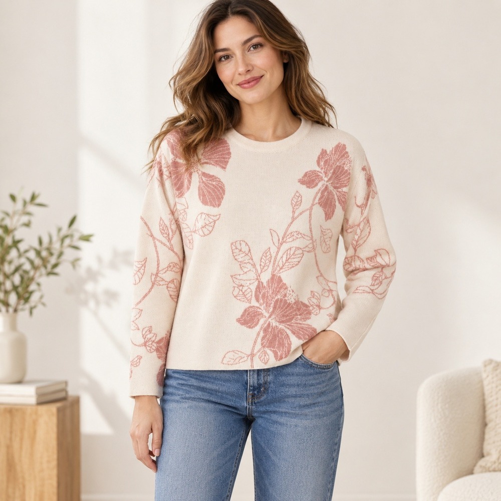 Tahari Women Cream Pink Floral Crewneck Sweater Jacquard Knit Long Sleeve L